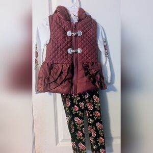 Burgundy Quilted Vest with Floral Leggings Set